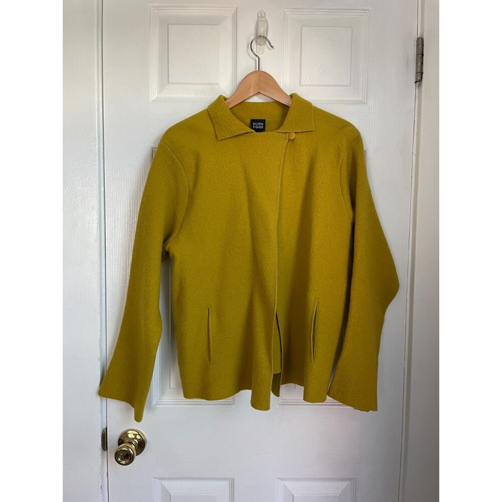Eileen Fisher Wool Felt Collar Coat Chartreuse Green Mustard Medium lightweight